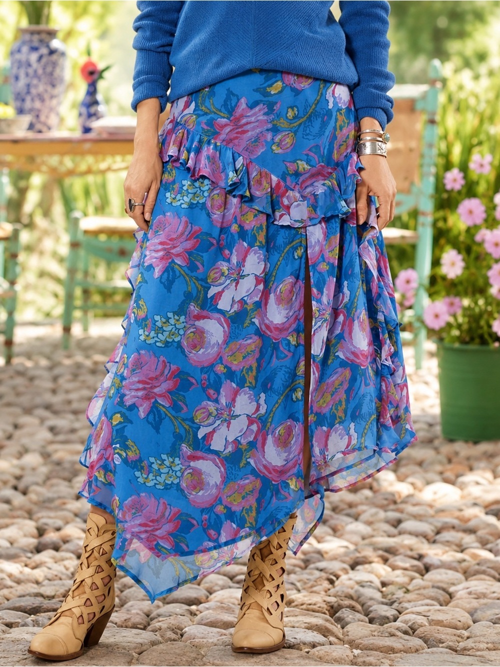 Sundance Blue Floral Asymmetrical Ruffle Midi Skirt Boho Western 100% Cupro M